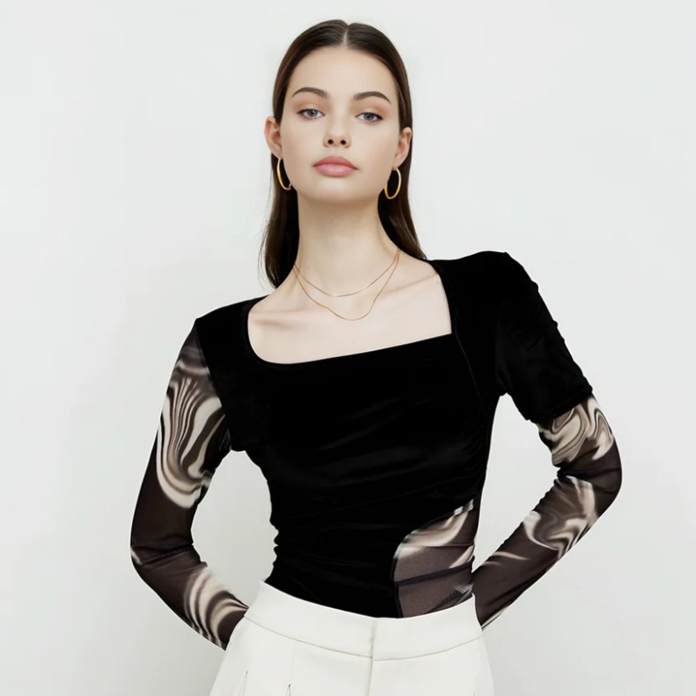 Black and Cream Geometric Mesh Top